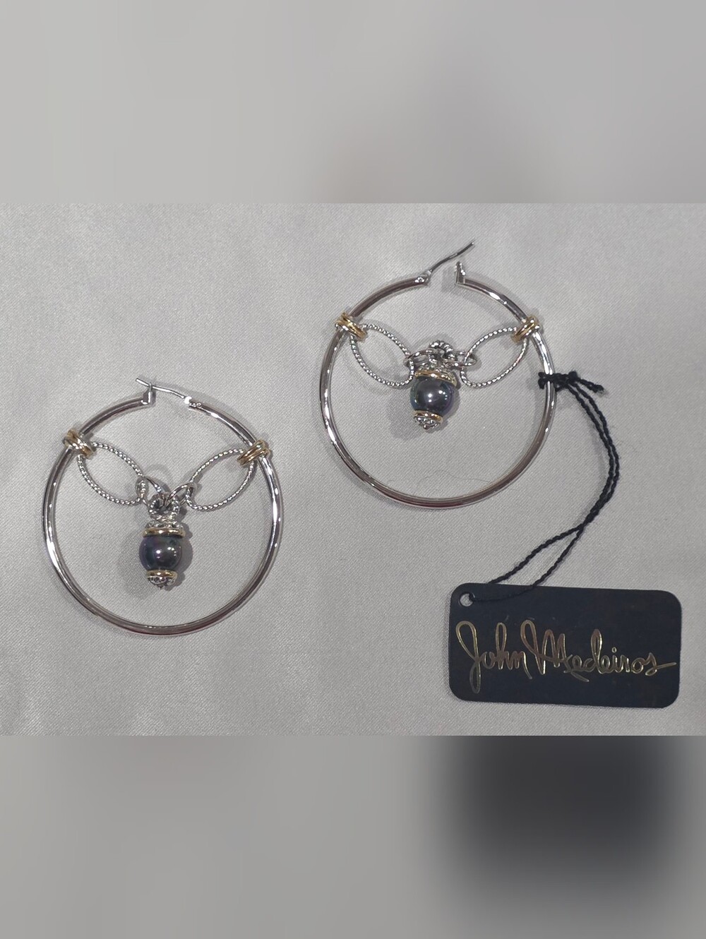 John Medeiros Two-Tone Sispended Dark Peacock Pearl Dangle Hoop Earings (NWT)